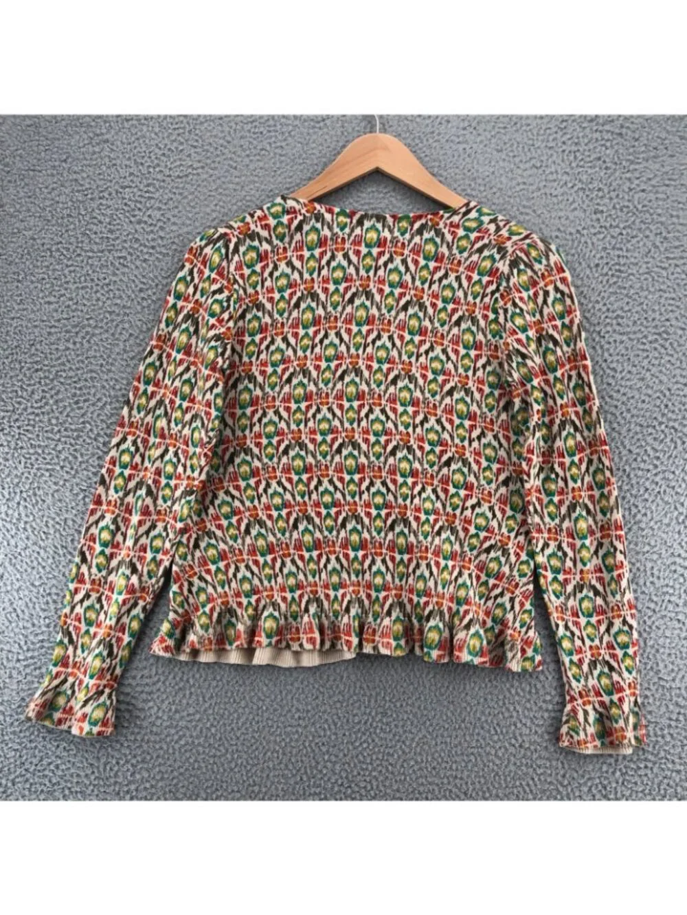 Sundance Sweater Womens Medium Ivory Multi Button Cardigan Ruffle Knit Stretch